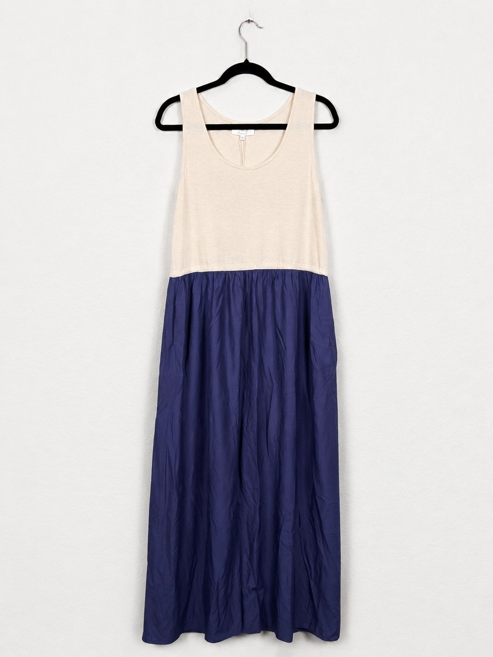 NWT In February Blue Cream Colorblock Maxi Dress Tank Pockets Cottagecore Medium